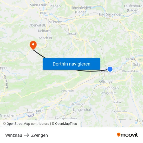 Winznau to Zwingen map