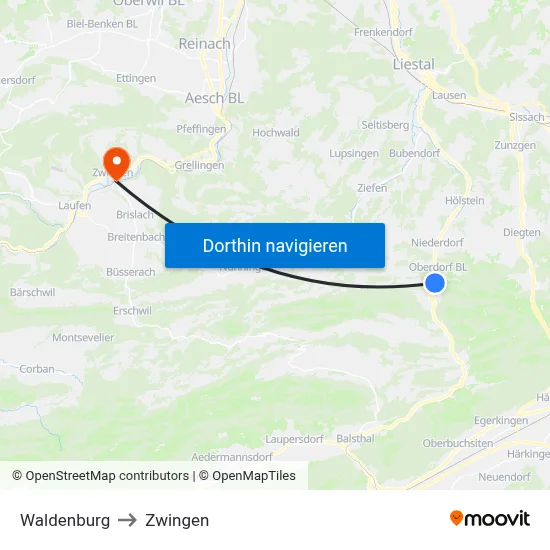 Waldenburg to Zwingen map
