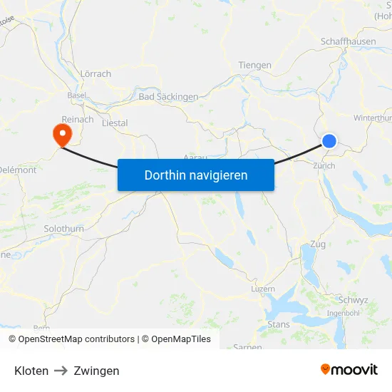 Kloten to Zwingen map