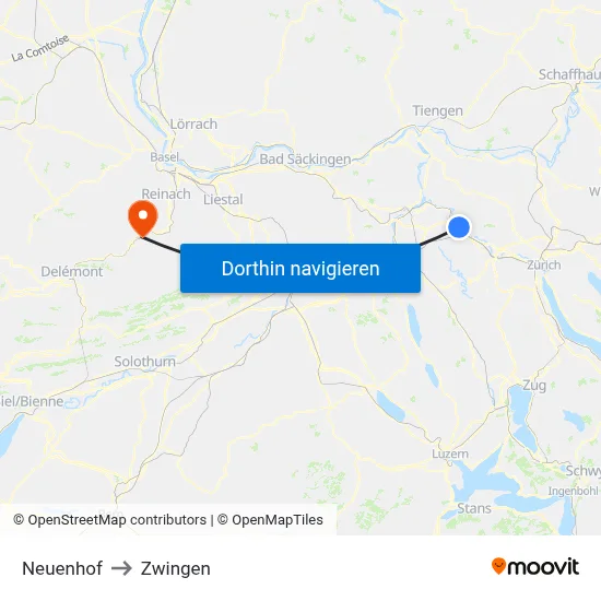 Neuenhof to Zwingen map