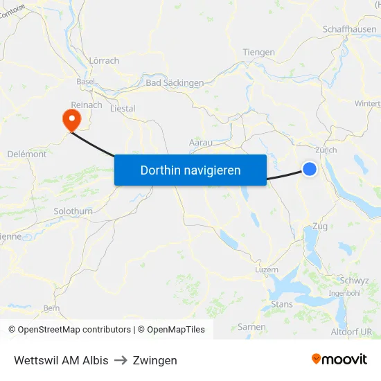 Wettswil AM Albis to Zwingen map