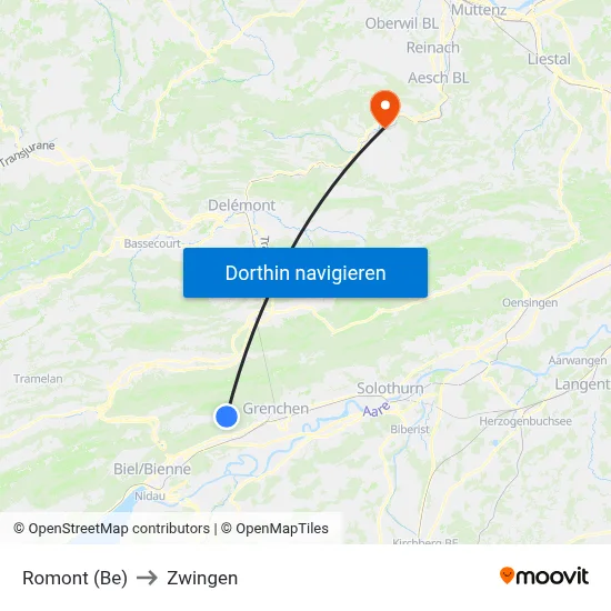 Romont (Be) to Zwingen map