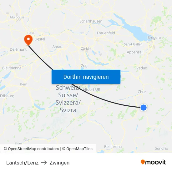 Lantsch/Lenz to Zwingen map