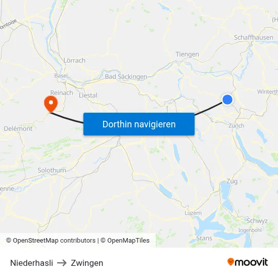 Niederhasli to Zwingen map