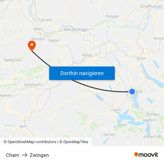 Cham to Zwingen map