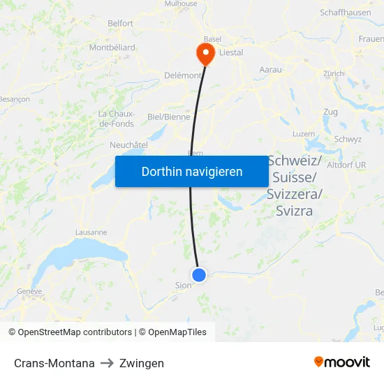 Crans-Montana to Zwingen map