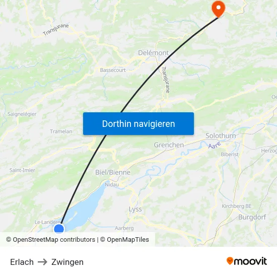 Erlach to Zwingen map
