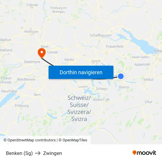 Benken (Sg) to Zwingen map
