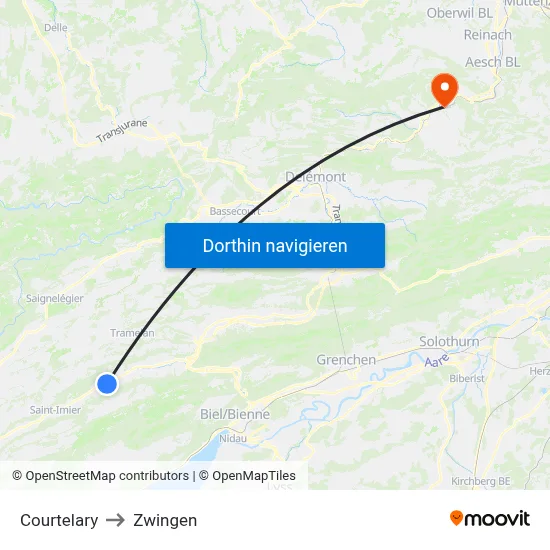 Courtelary to Zwingen map