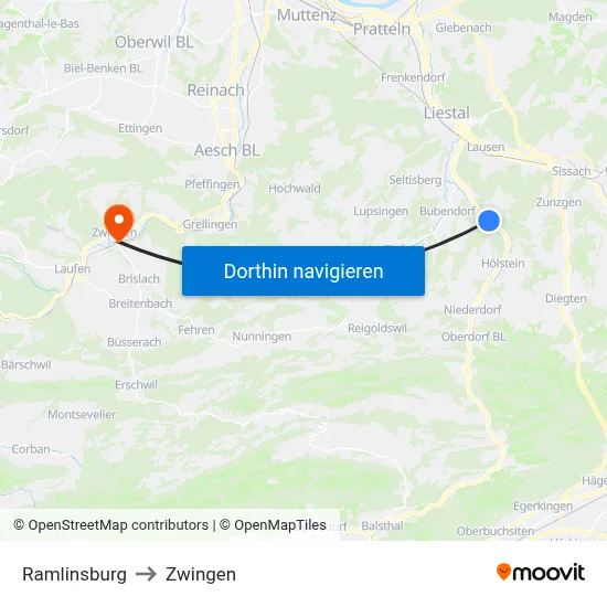 Ramlinsburg to Zwingen map