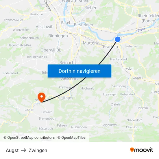 Augst to Zwingen map