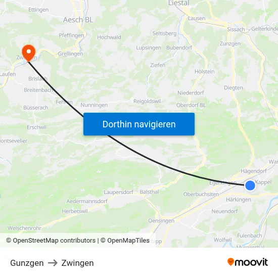 Gunzgen to Zwingen map