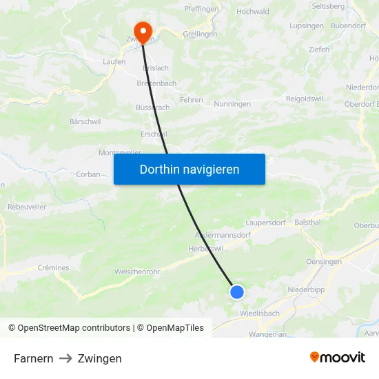 Farnern to Zwingen map