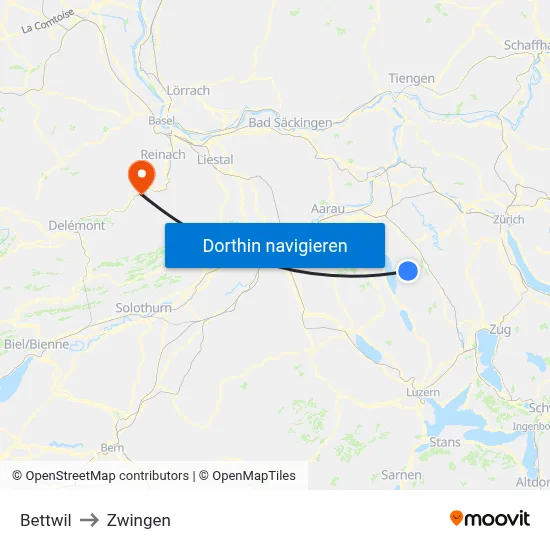 Bettwil to Zwingen map