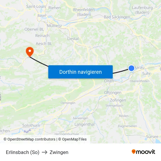Erlinsbach (So) to Zwingen map