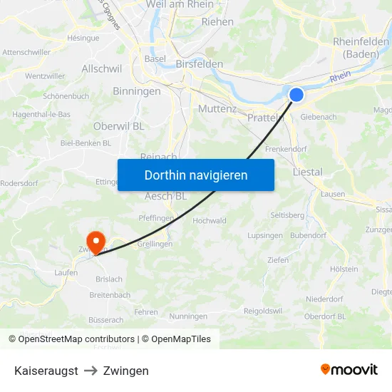 Kaiseraugst to Zwingen map