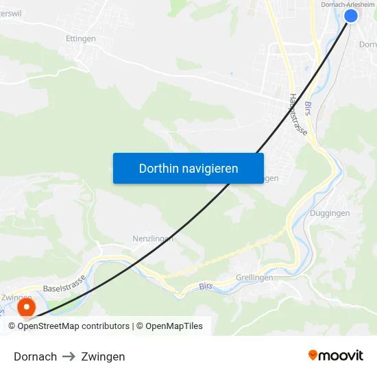 Dornach to Zwingen map