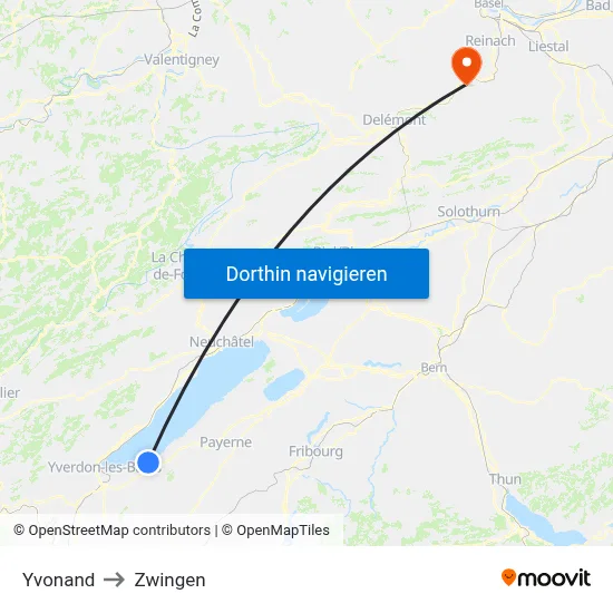 Yvonand to Zwingen map