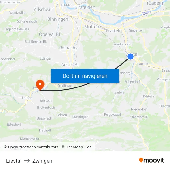 Liestal to Zwingen map