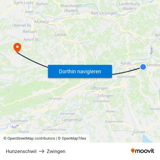 Hunzenschwil to Zwingen map