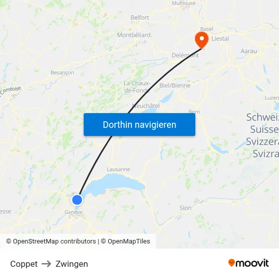 Coppet to Zwingen map