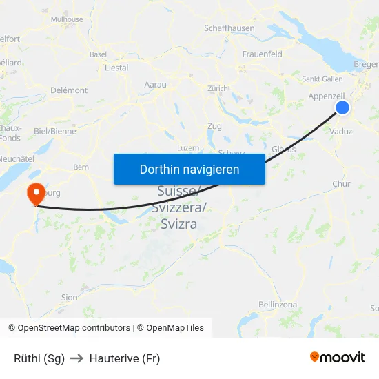 Rüthi (Sg) to Hauterive (Fr) map