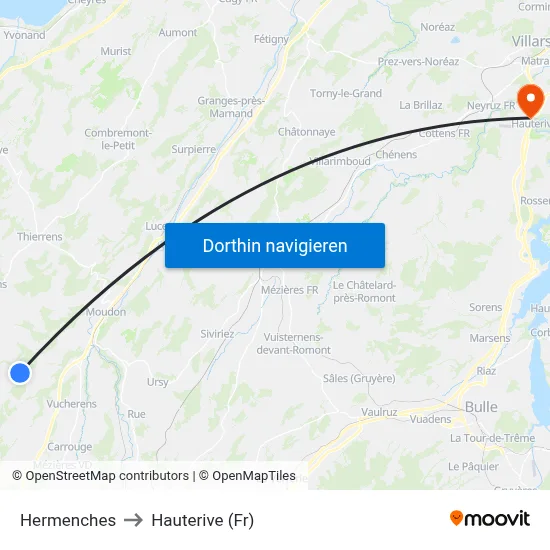 Hermenches to Hauterive (Fr) map