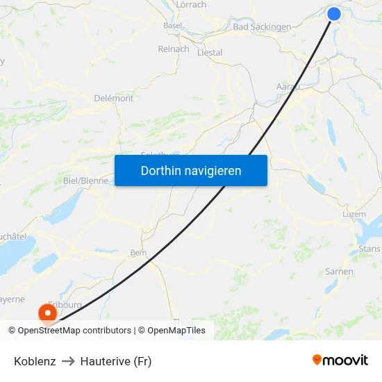 Koblenz to Hauterive (Fr) map