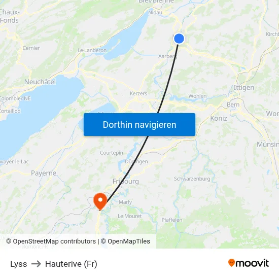 Lyss to Hauterive (Fr) map
