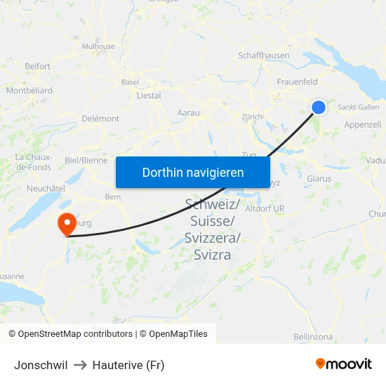Jonschwil to Hauterive (Fr) map