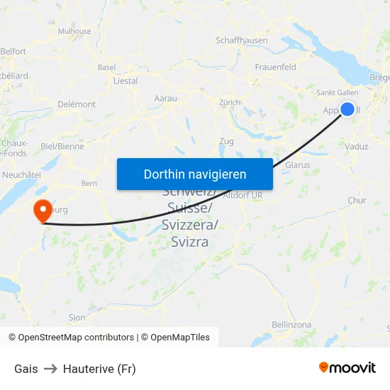Gais to Hauterive (Fr) map