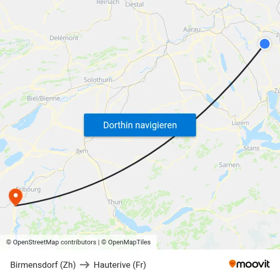 Birmensdorf (Zh) to Hauterive (Fr) map