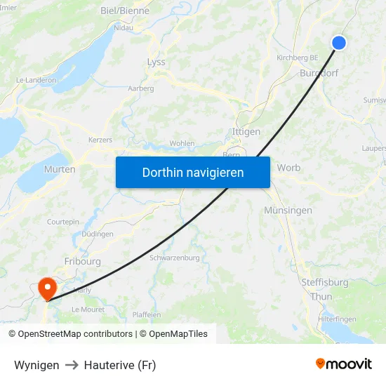 Wynigen to Hauterive (Fr) map