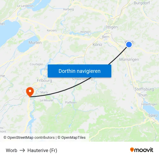 Worb to Hauterive (Fr) map