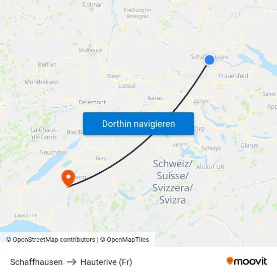 Schaffhausen to Hauterive (Fr) map