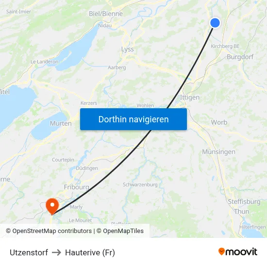 Utzenstorf to Hauterive (Fr) map