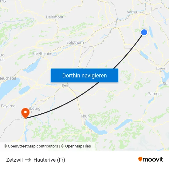 Zetzwil to Hauterive (Fr) map