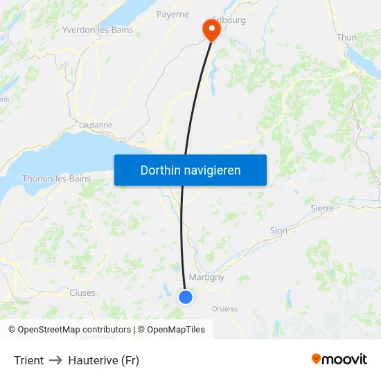 Trient to Hauterive (Fr) map
