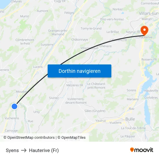 Syens to Hauterive (Fr) map
