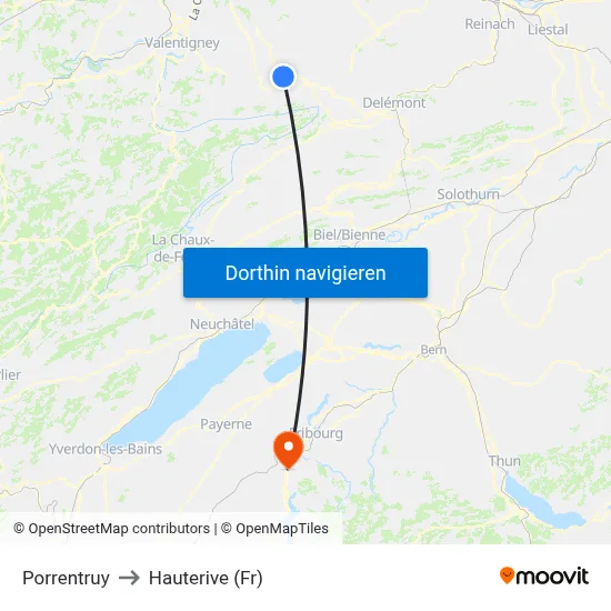 Porrentruy to Hauterive (Fr) map