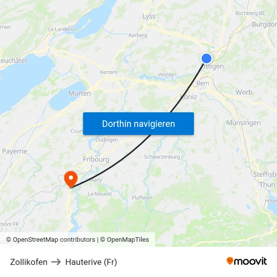 Zollikofen to Hauterive (Fr) map