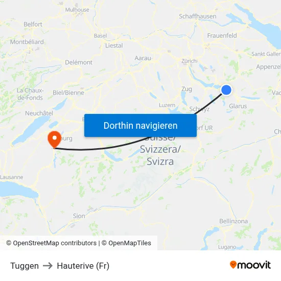 Tuggen to Hauterive (Fr) map
