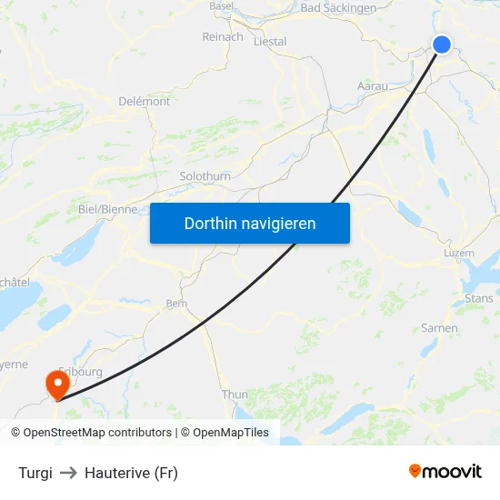 Turgi to Hauterive (Fr) map