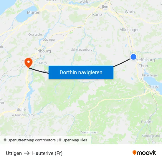 Uttigen to Hauterive (Fr) map