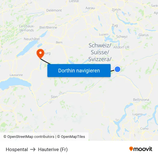 Hospental to Hauterive (Fr) map