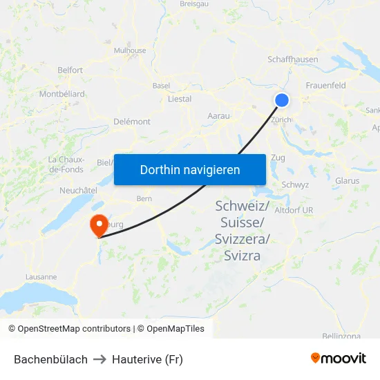 Bachenbülach to Hauterive (Fr) map