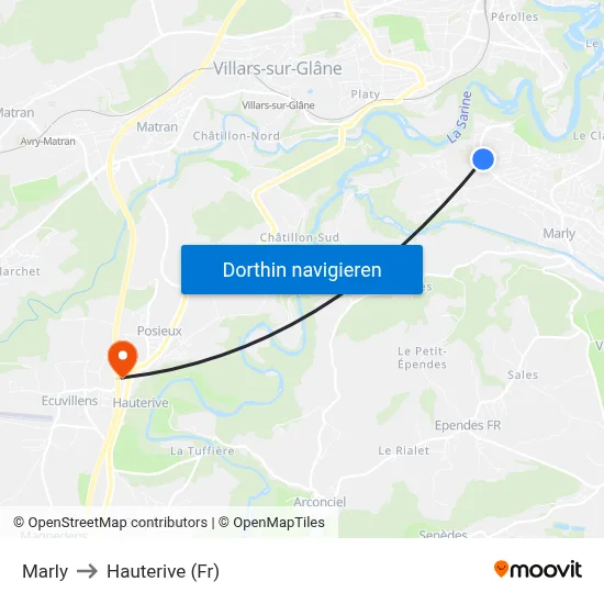 Marly to Hauterive (Fr) map