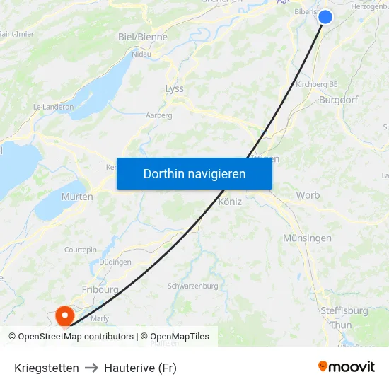 Kriegstetten to Hauterive (Fr) map