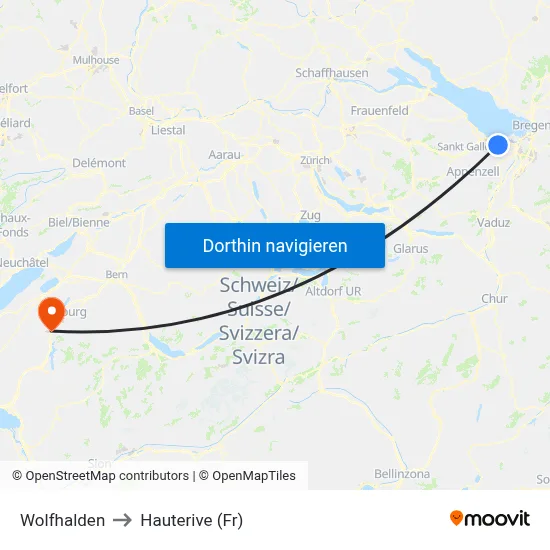 Wolfhalden to Hauterive (Fr) map