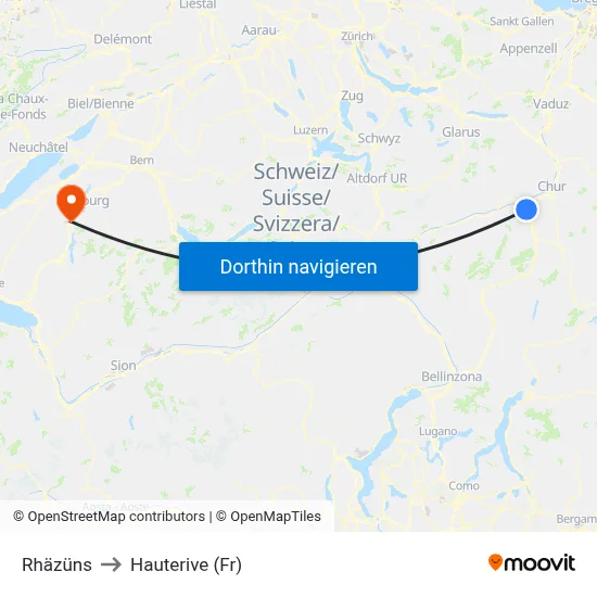 Rhäzüns to Hauterive (Fr) map